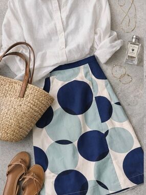 Boden Circle Print Skirt | Blue White Midi Skirt | Size 12 | Graphic Modern